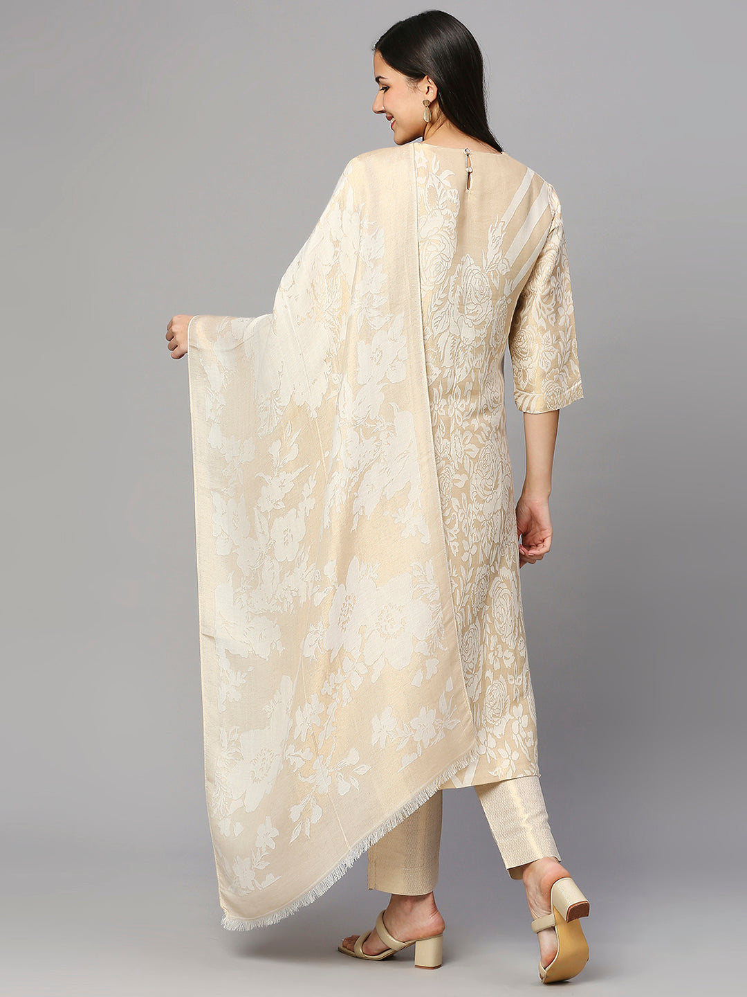 Brocade Floral Off white Kurta Set