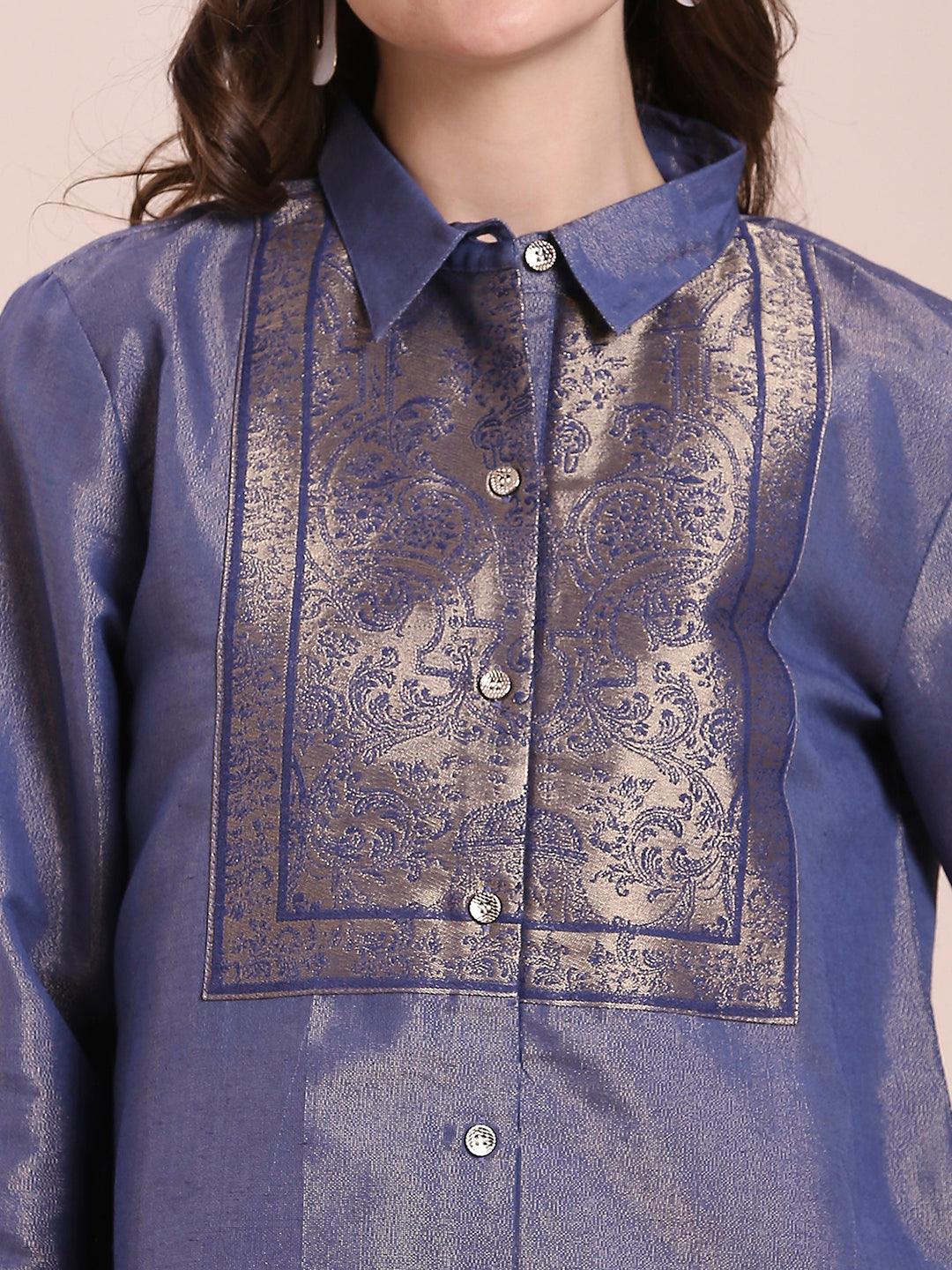 Solid Metallic Navy Shirt with Brocade Yoke