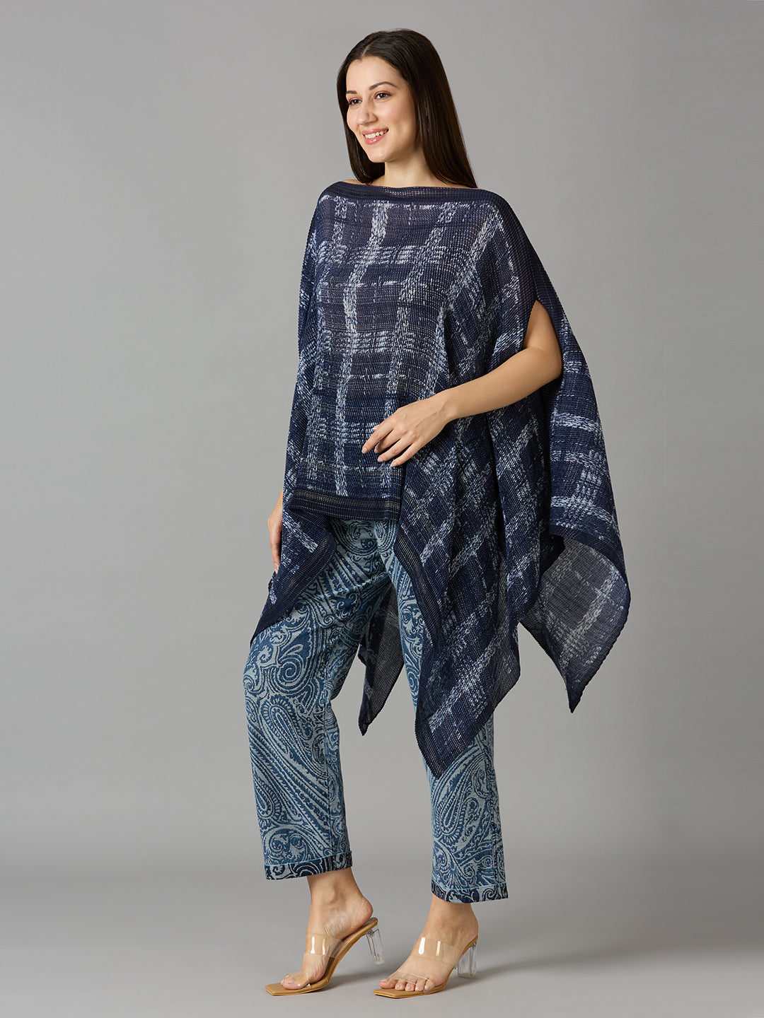 Brocade Checks Printed Denim Pleated Poncho