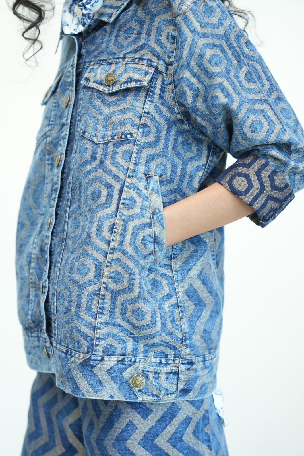 Brocade Denim Metallic Geometric Short Jacket