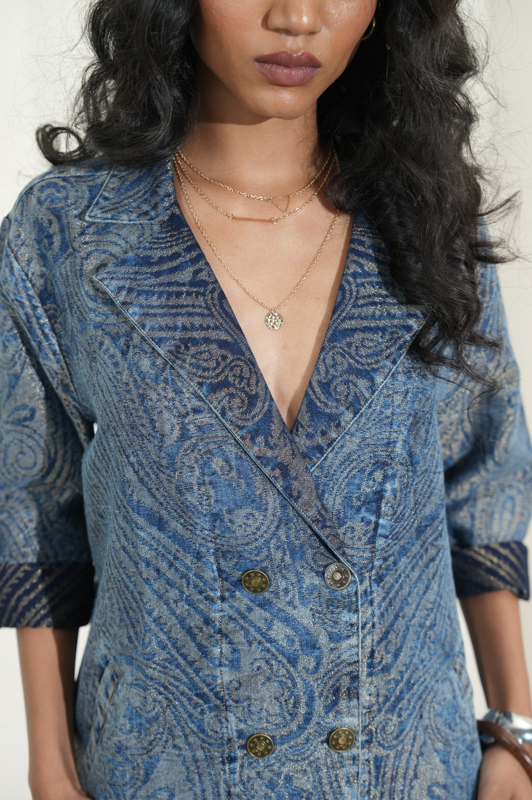 Denim Brocade Long Metallic Jacket