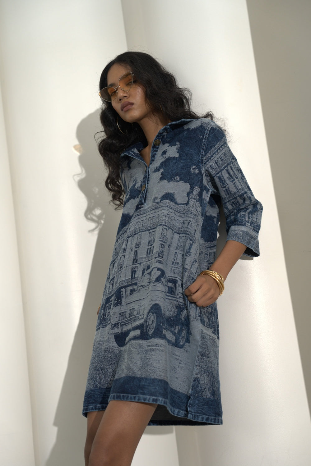 Brocade Self Design Denim Blue Shirt Dress