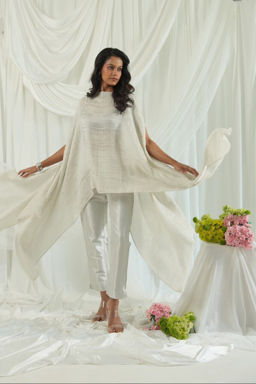 Brocade Floral Design White Poncho