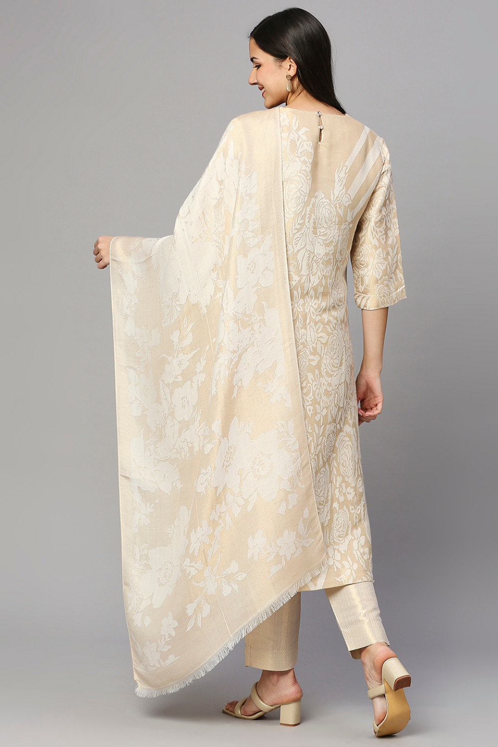 Brocade Floral Off white Kurta Set