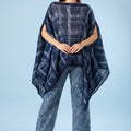 Brocade Checks Printed Denim Pleated Poncho