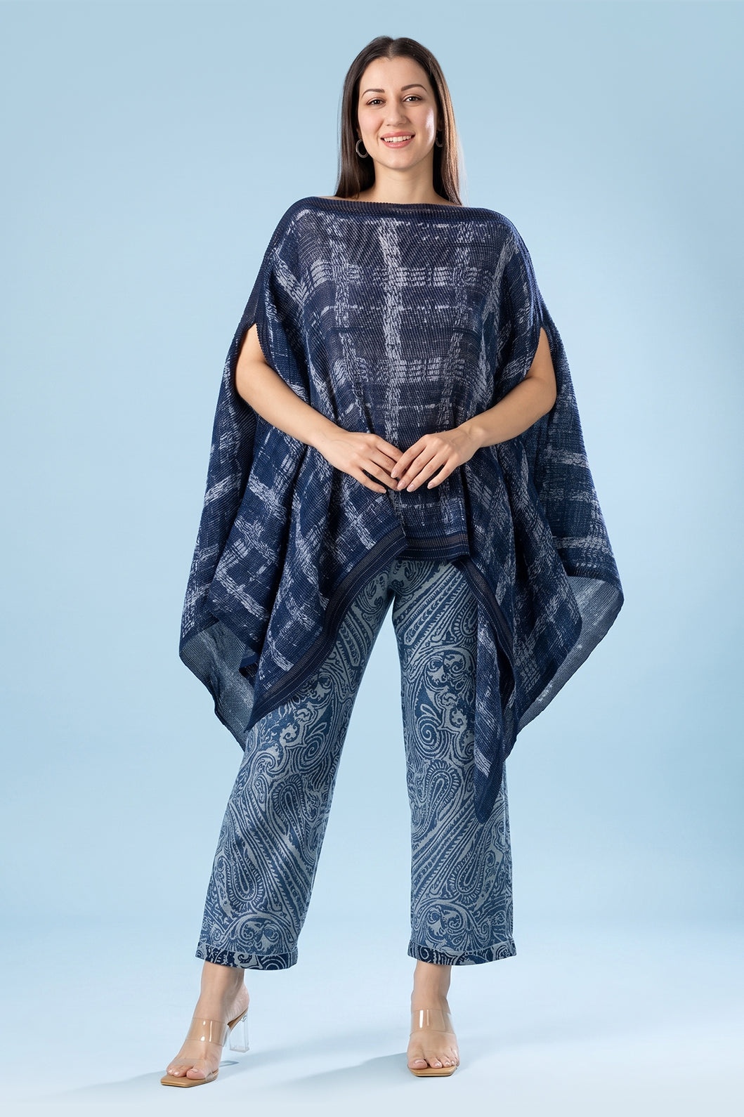 Brocade Checks Printed Denim Pleated Poncho