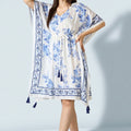 Floral Printed White Blue Kaftan Dress
