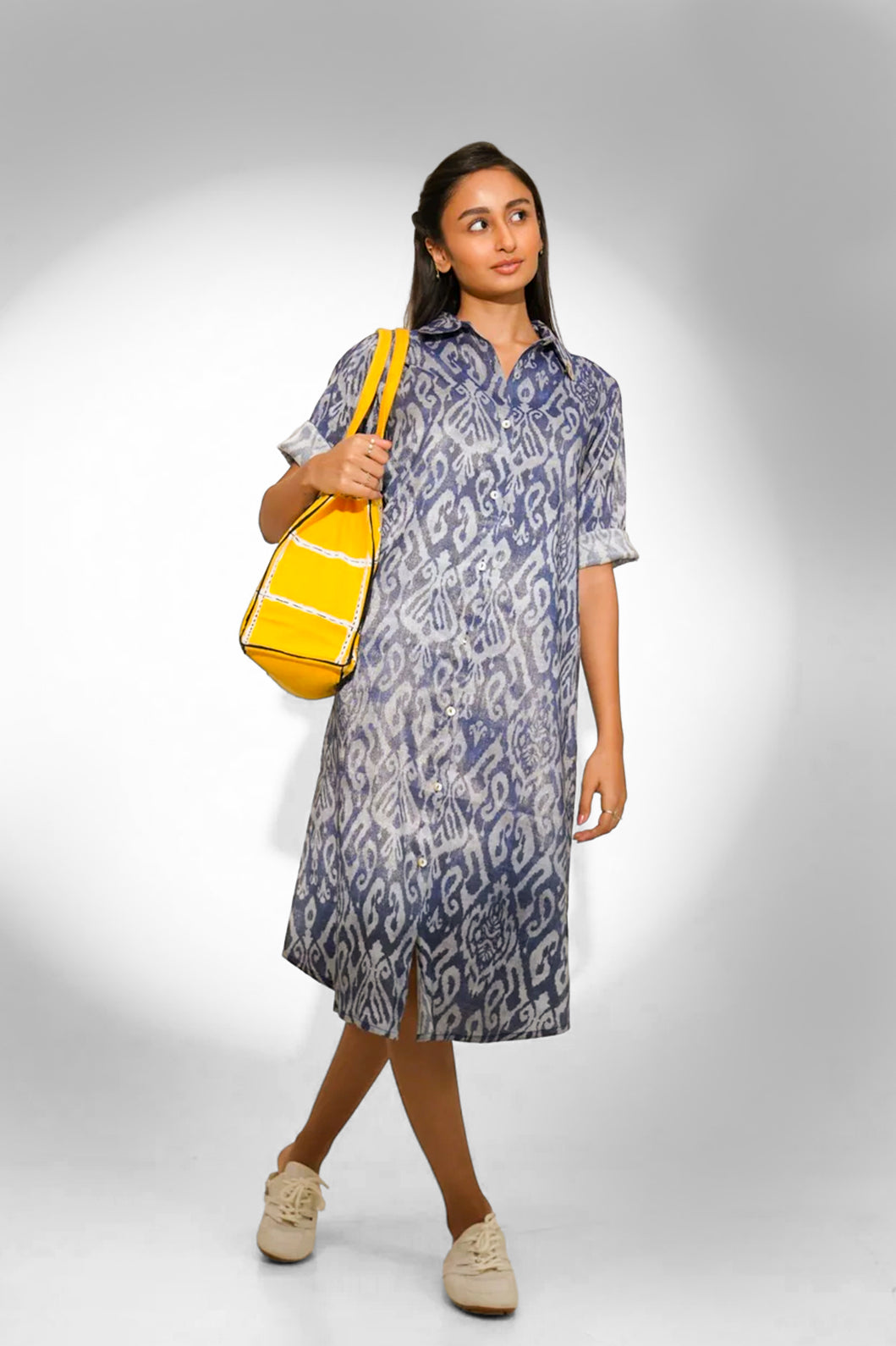 Ikat Printed Denim Blue Shirt Dress