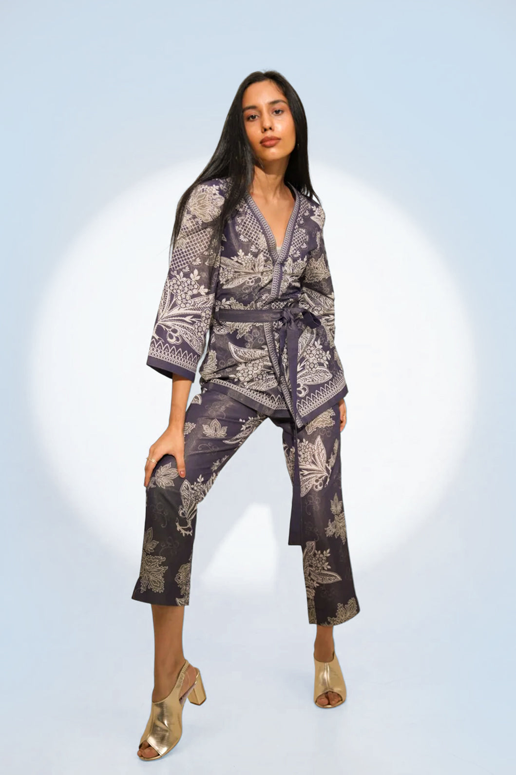 Metallic Floral Lacy Printed Navy Kimono