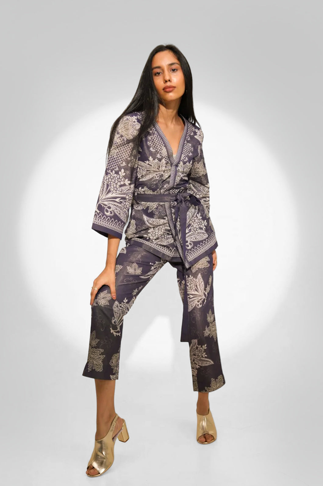 Metallic Floral Lacy Printed Navy Kimono