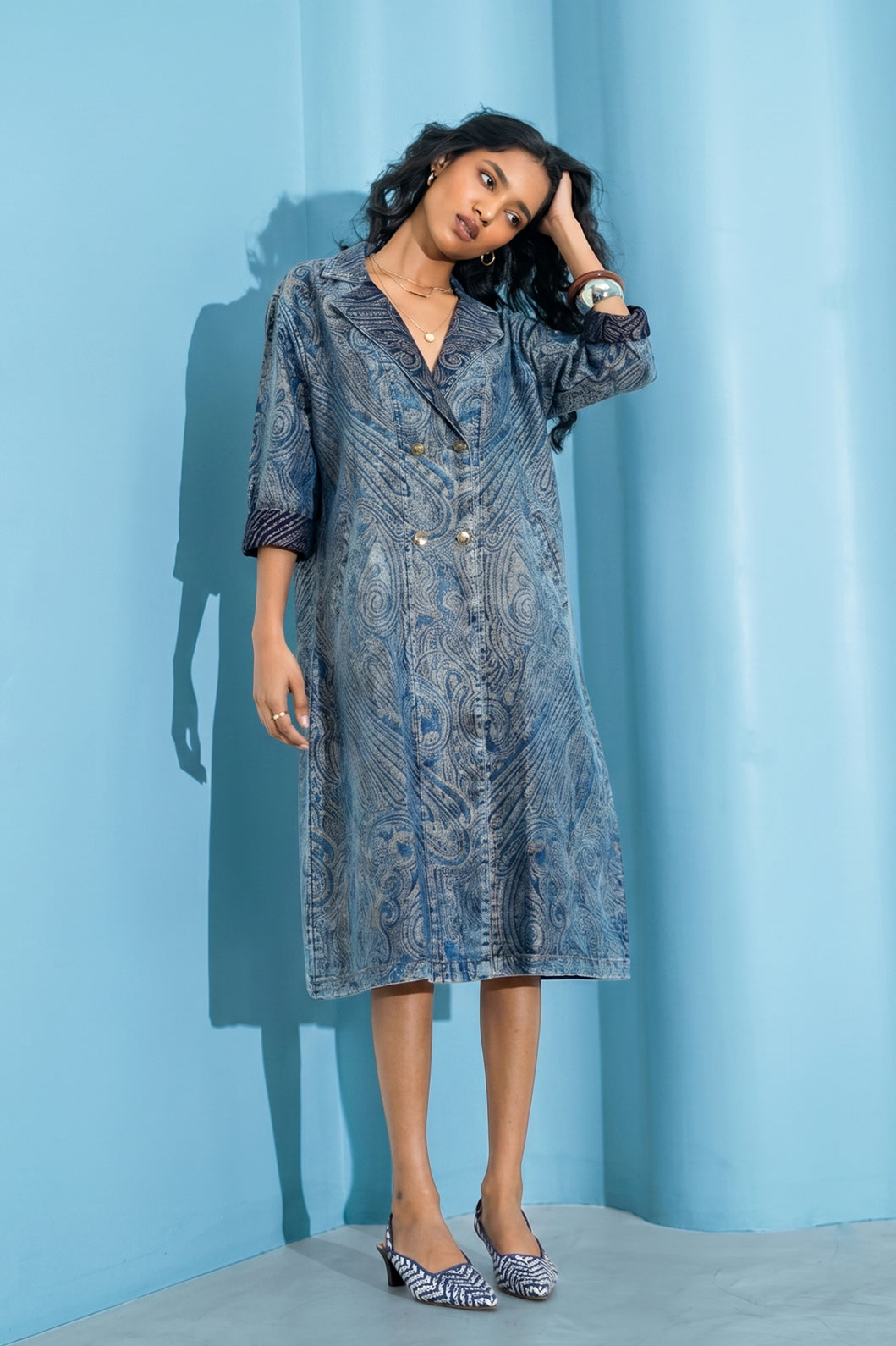 Denim Metallic Brocade Long Jacket