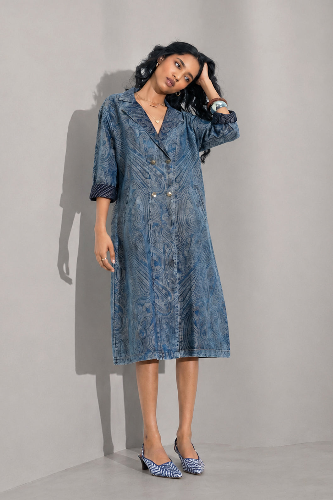 Denim Metallic Brocade Long Jacket