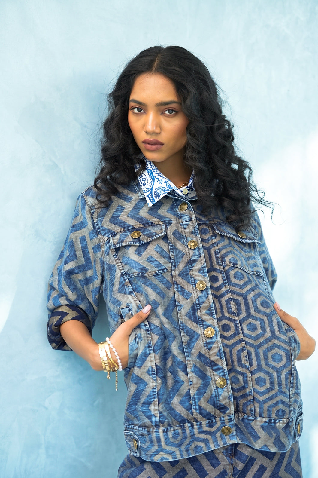 Brocade Denim Metallic Geometric Short Jacket