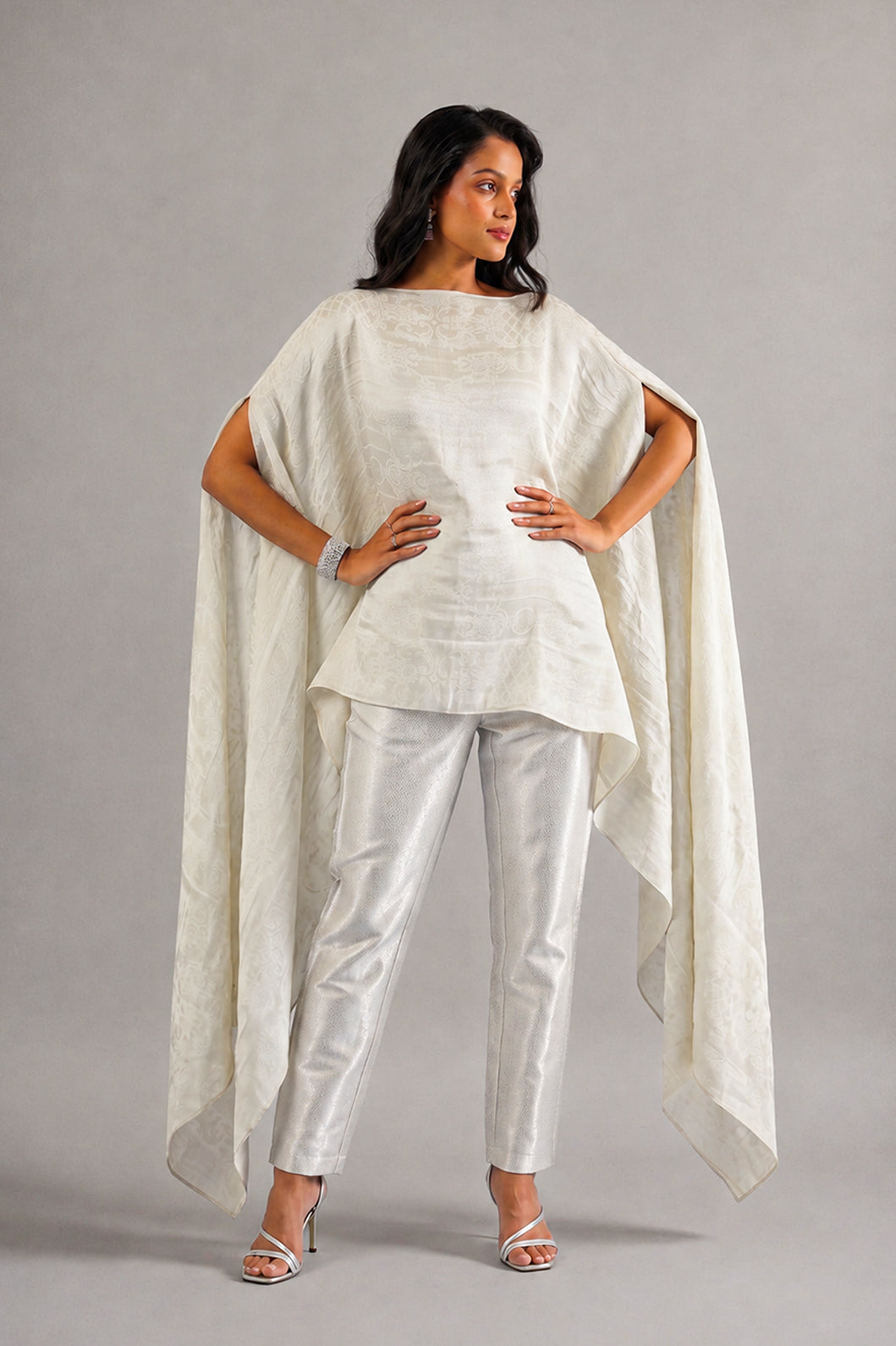 Brocade Floral Design White Poncho