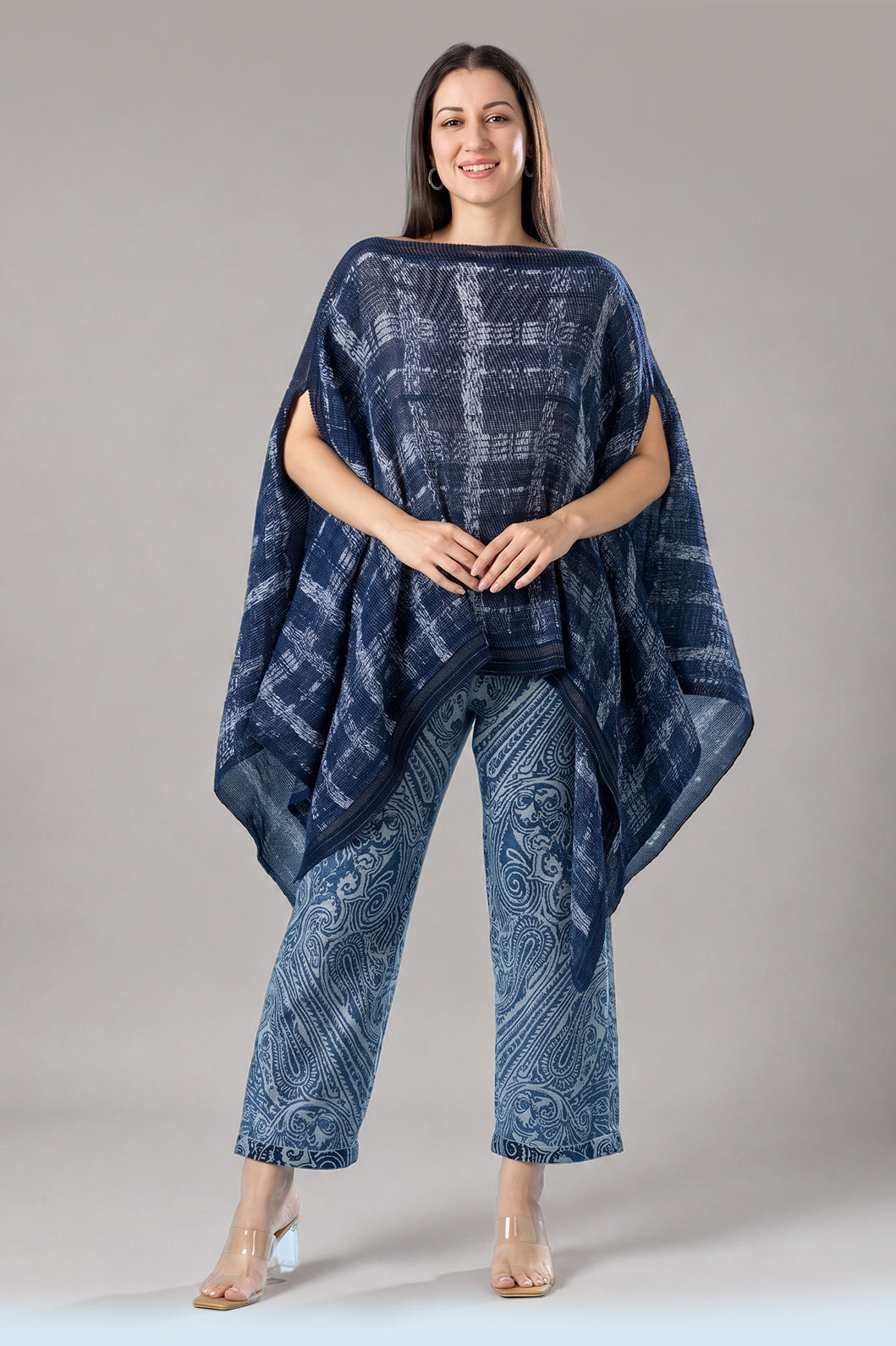 Brocade Checks Printed Denim Pleated Poncho