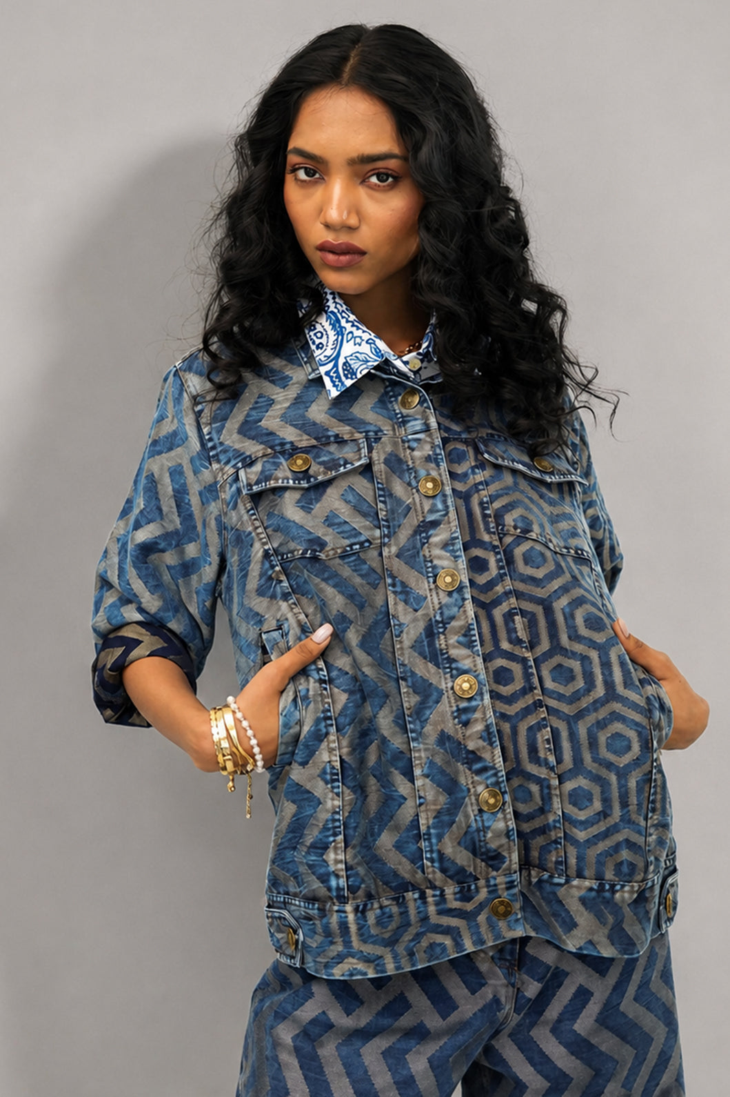 Brocade Denim Metallic Geometric Short Jacket