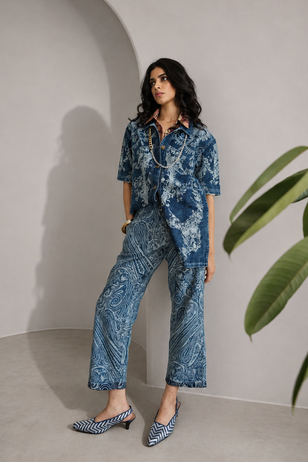 Denim Brocade Paisley Slim Pants