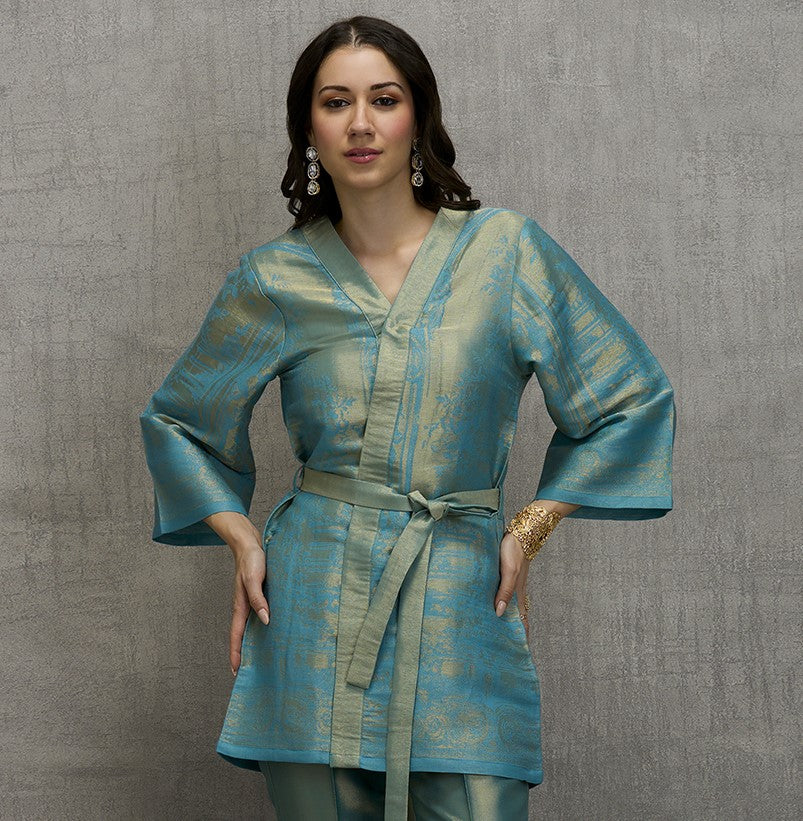 Brocade Floral Design Aqua Kimono