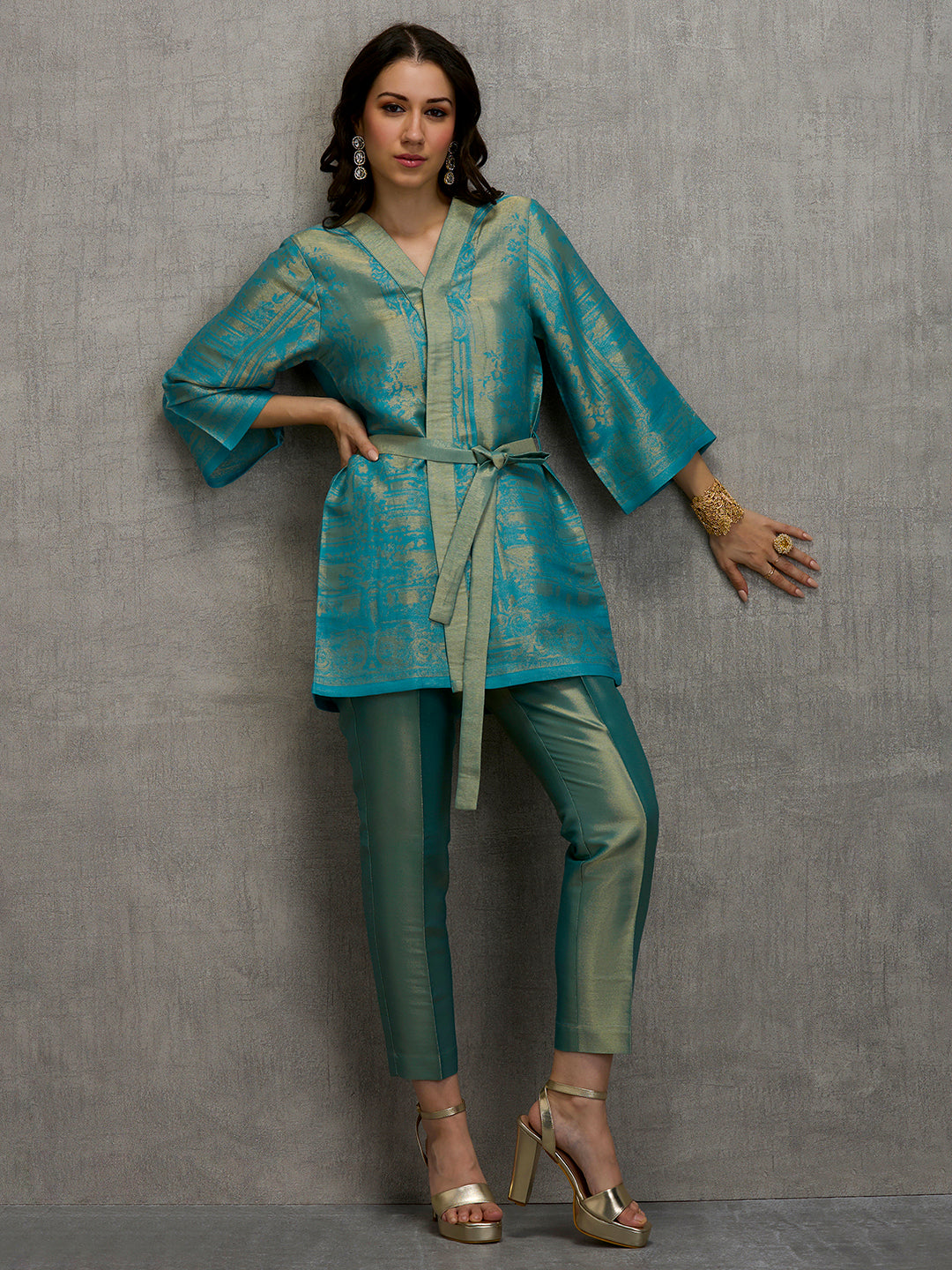 Brocade Floral Design Aqua Kimono Set