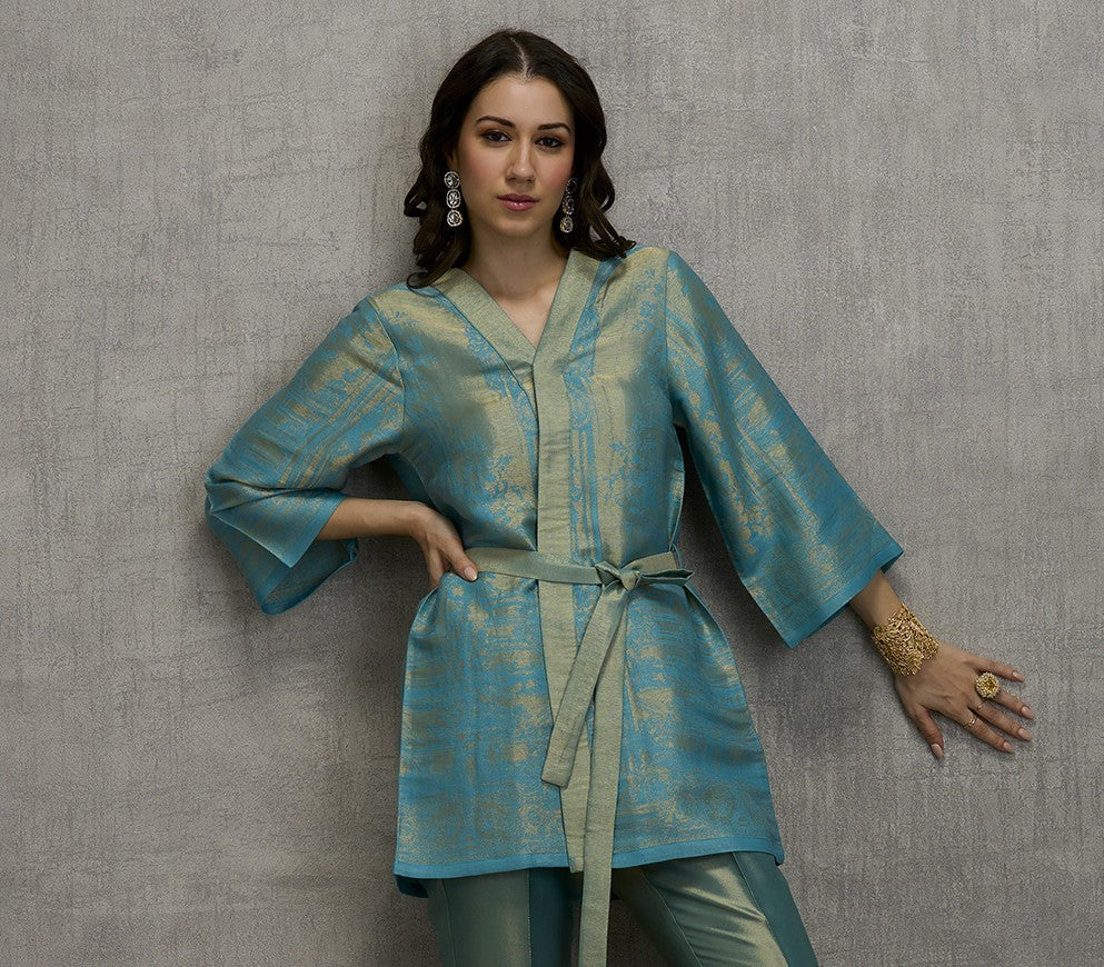 Brocade Floral Design Aqua Kimono