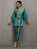 Aqua Floral Design Brocade Kimono Set