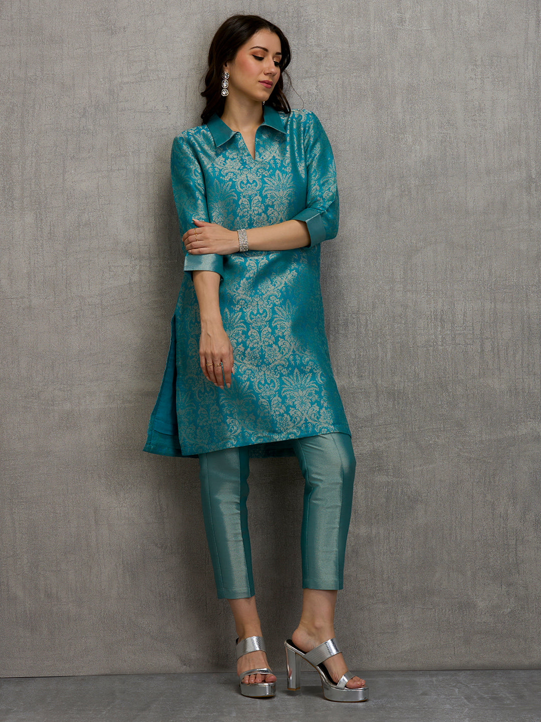 Brocade Tapestry Design Teal Kurta Set