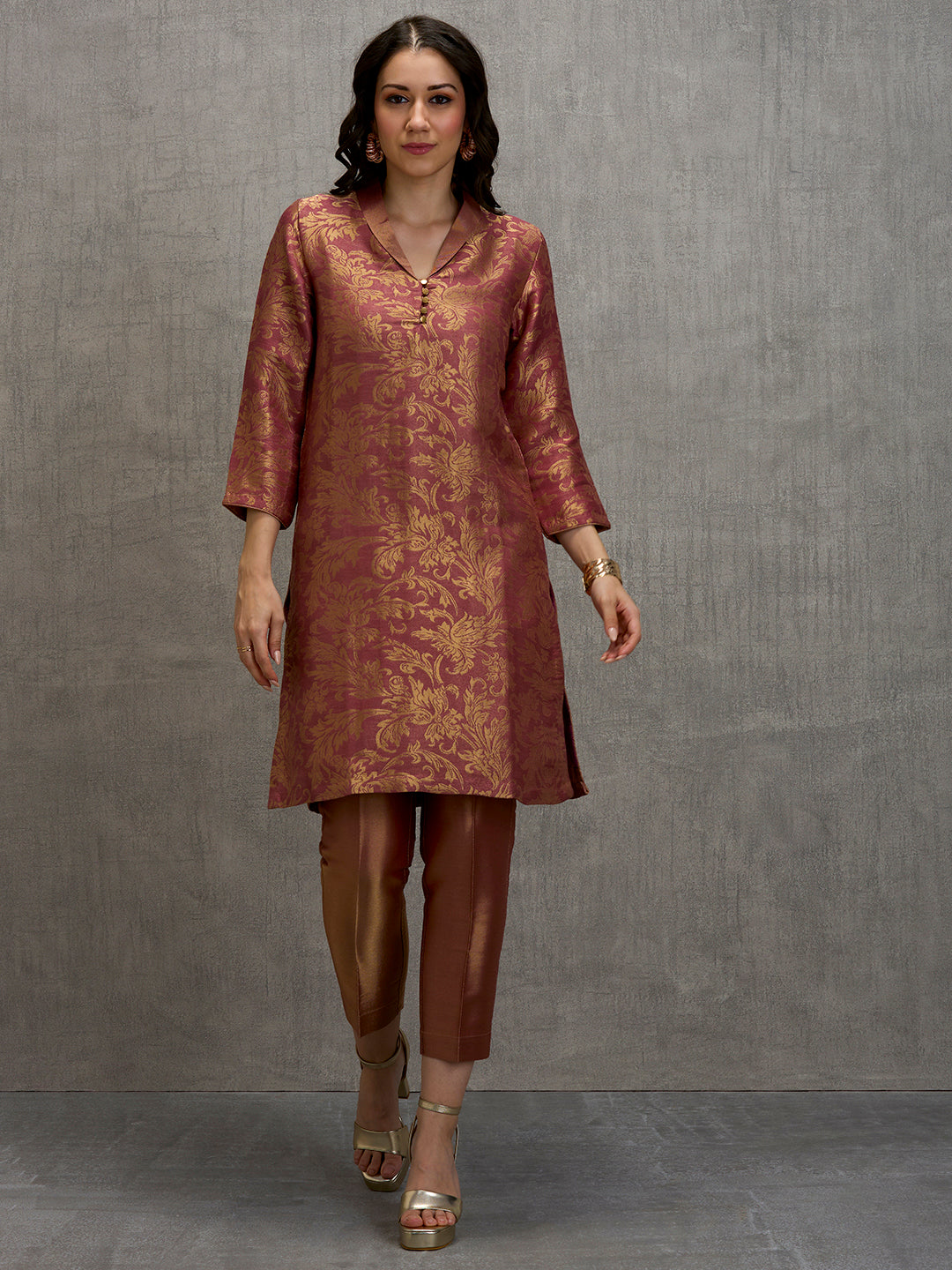 Brocade Floral Design Coral Kurta Set