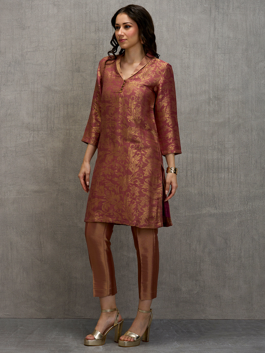 Brocade Floral Design Coral Kurta Set
