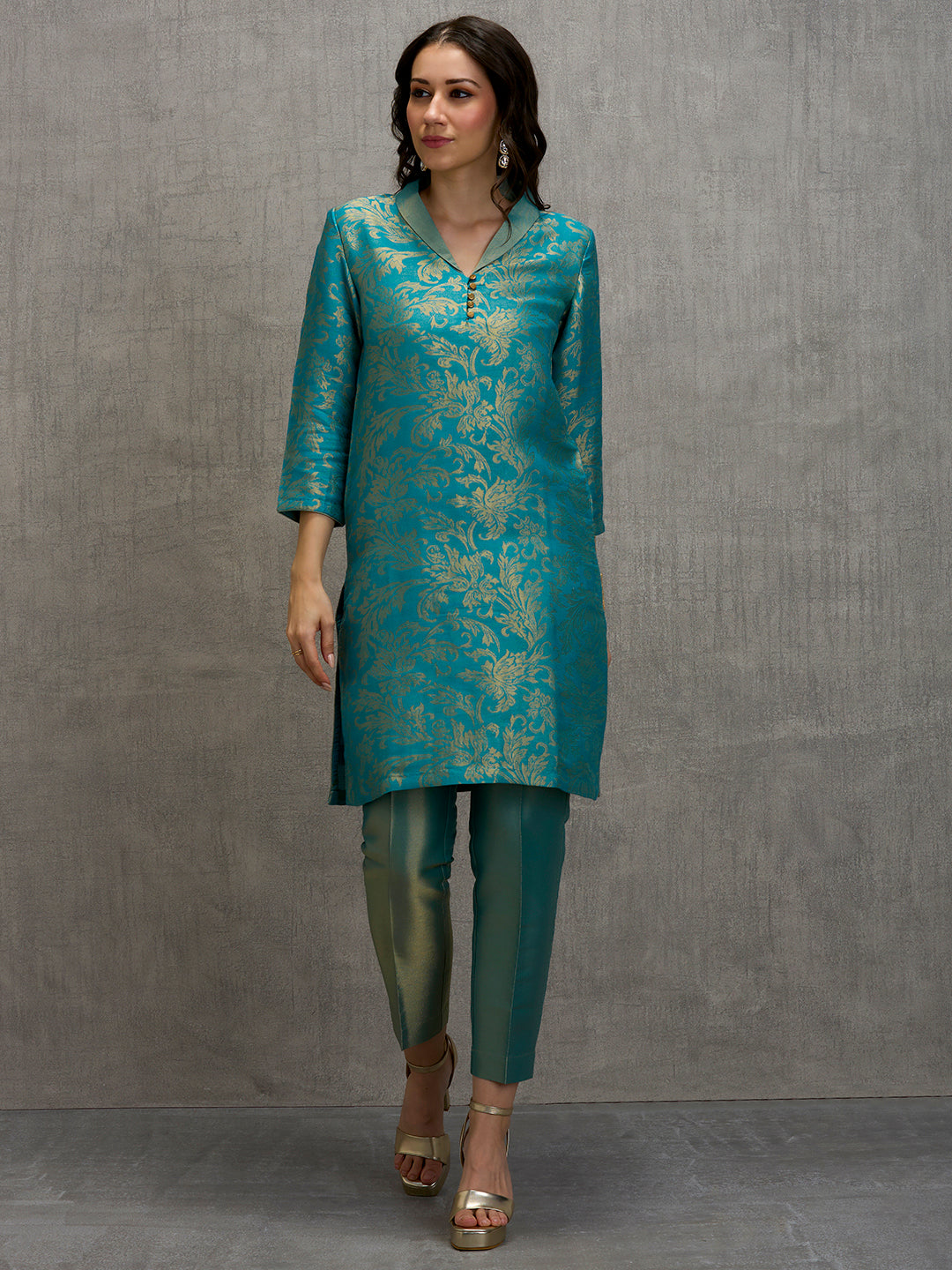 Brocade Floral Design Teal Kurta Set