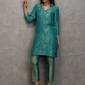 Brocade Floral Design Teal Kurta Set