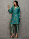 Teal Floral Swirl Design Brocade Kurta Set