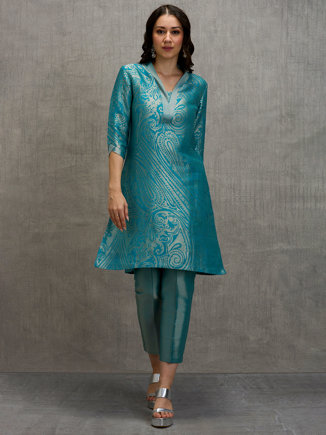 Brocade Paisley Design Teal Kurta Set