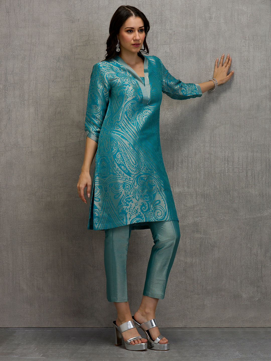 Brocade Paisley Design Teal Kurta Set