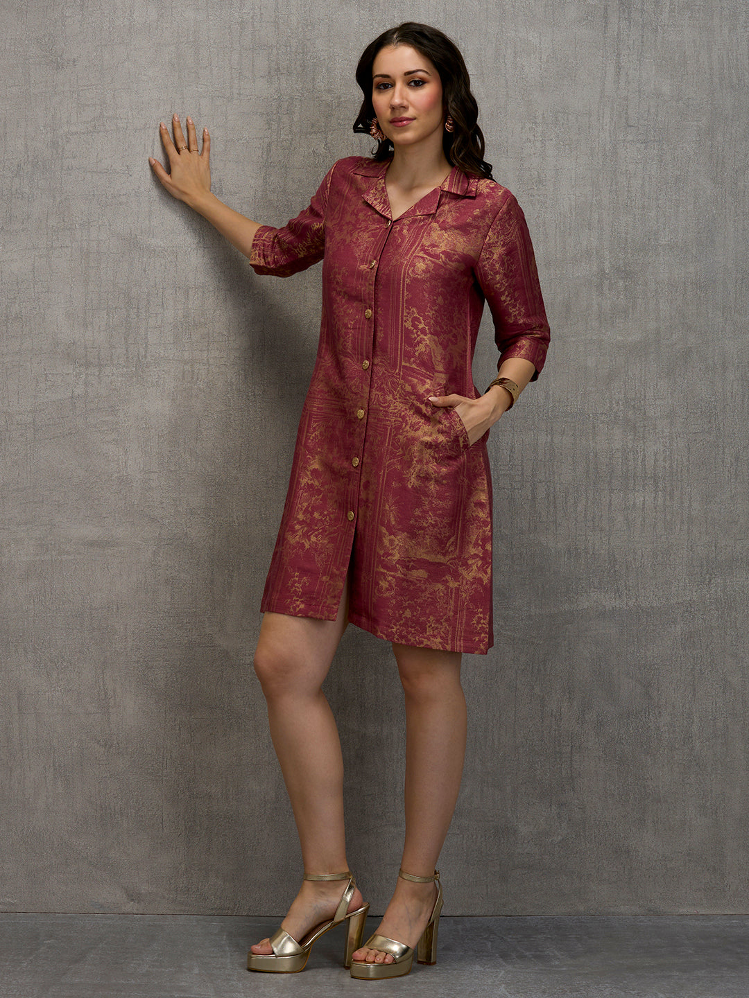 Brocade Placed Design Coral Dress