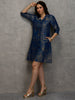 Brocade Denim Blue Placed Design Button up Tunic Kurta