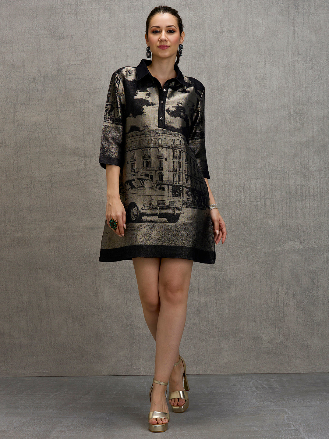 Brocade Self Design Black Shirt Dress