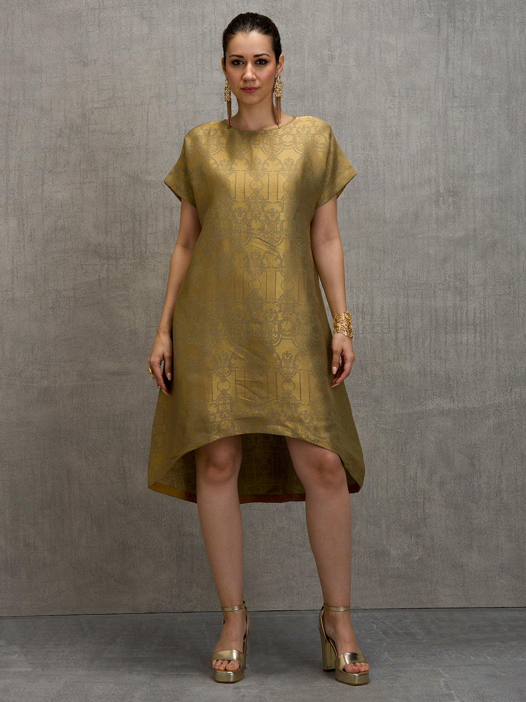 Brocade Ornamental Design Beige Dress