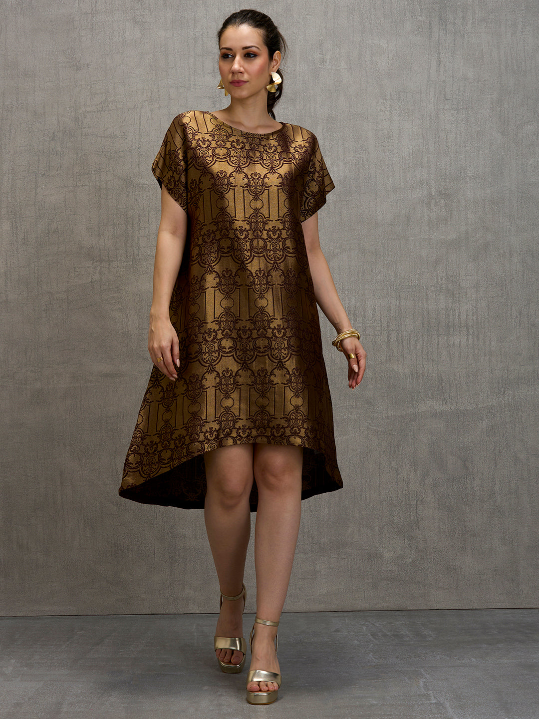 Brocade Ornamental Design Brown Dress