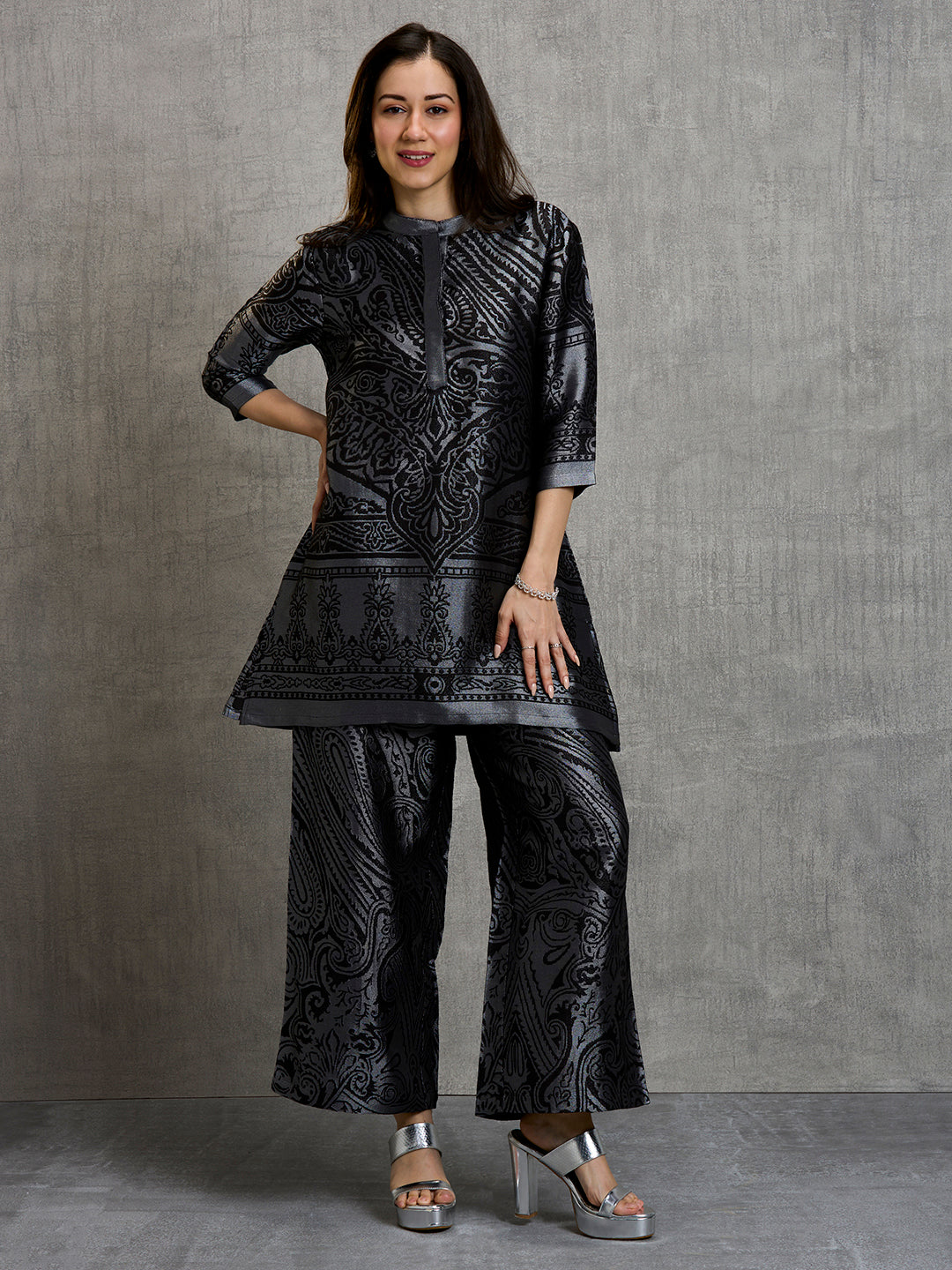 Brocade Paisley Black Silver Co-Ord Set