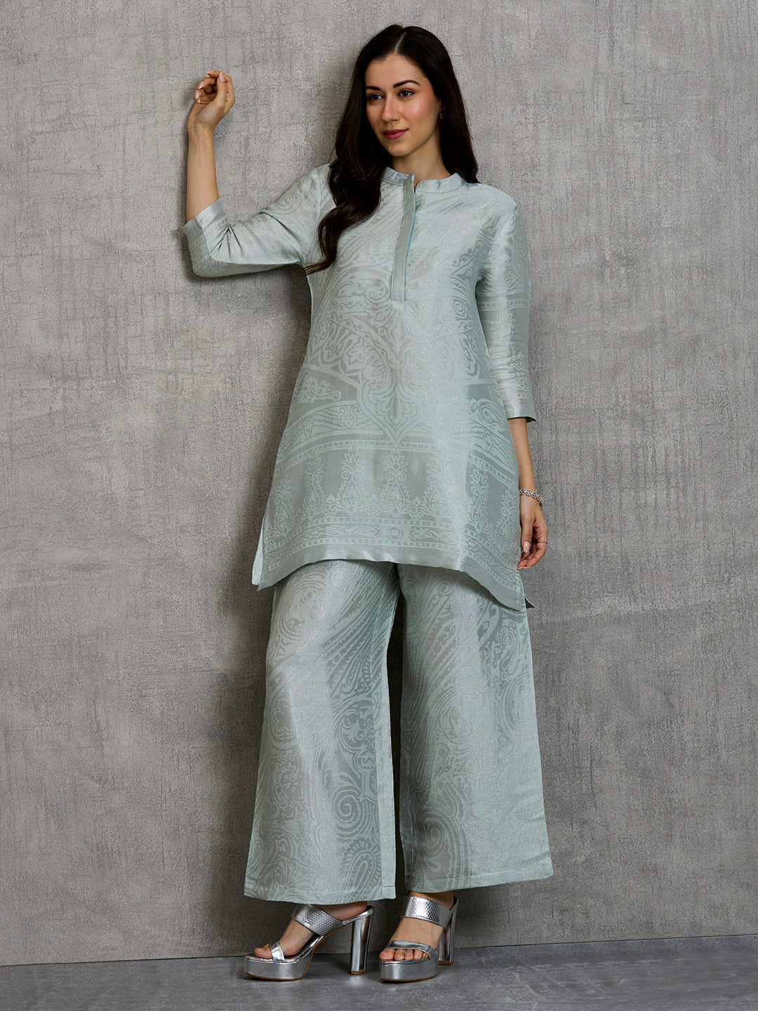 Brocade Paisley Mint Silver Co-Ord Set