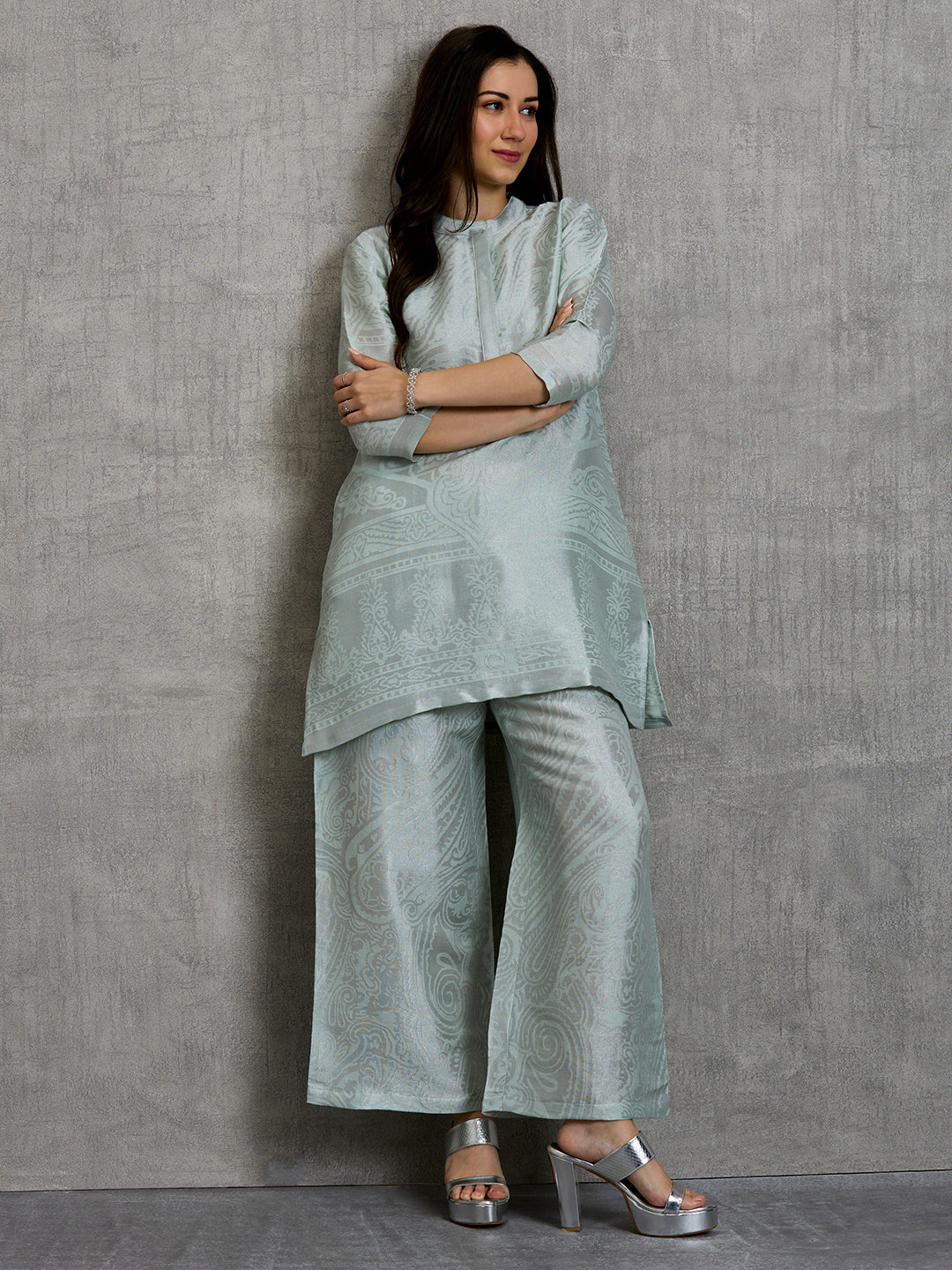 Brocade Paisley Mint Silver Co-Ord Set