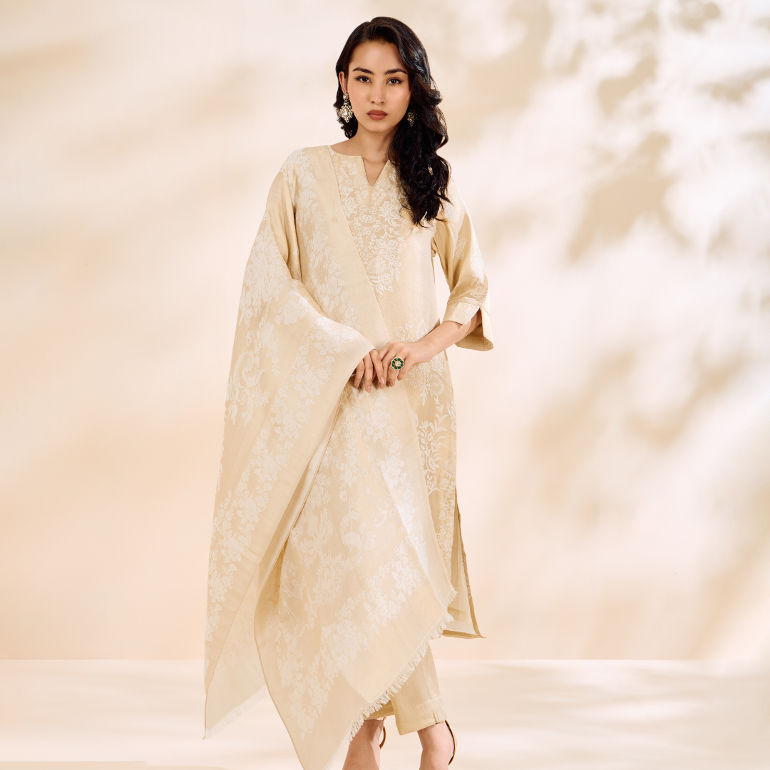 Brocade Paisley Off White Kurta Set