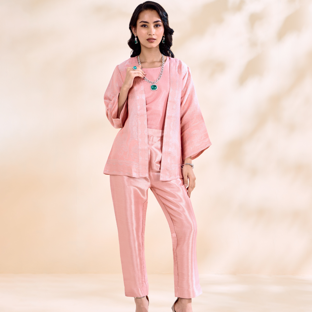 Brocade Peach French Patterned Silver Co-ord Set