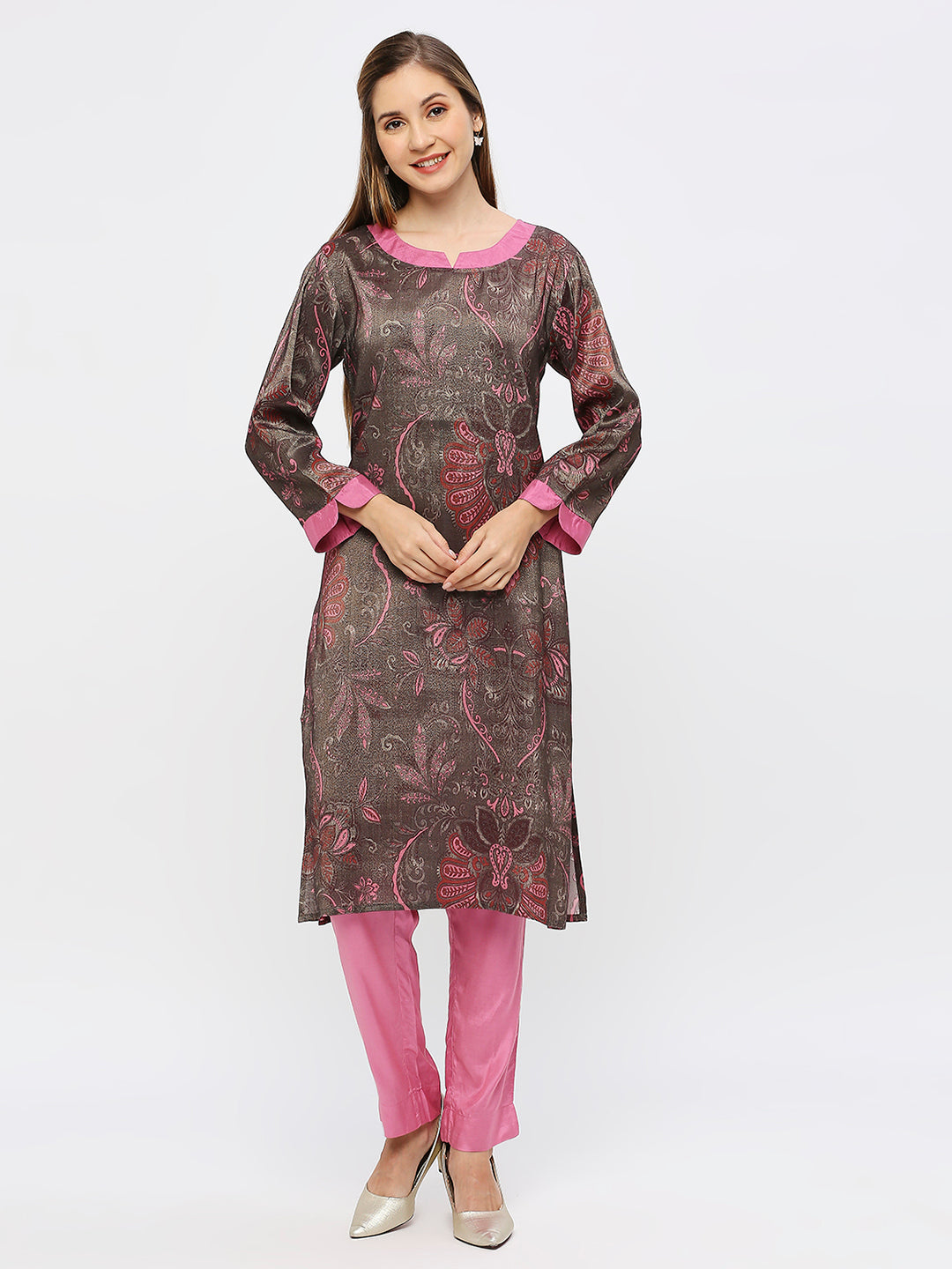 Taupe Leaves Printed Kurta
