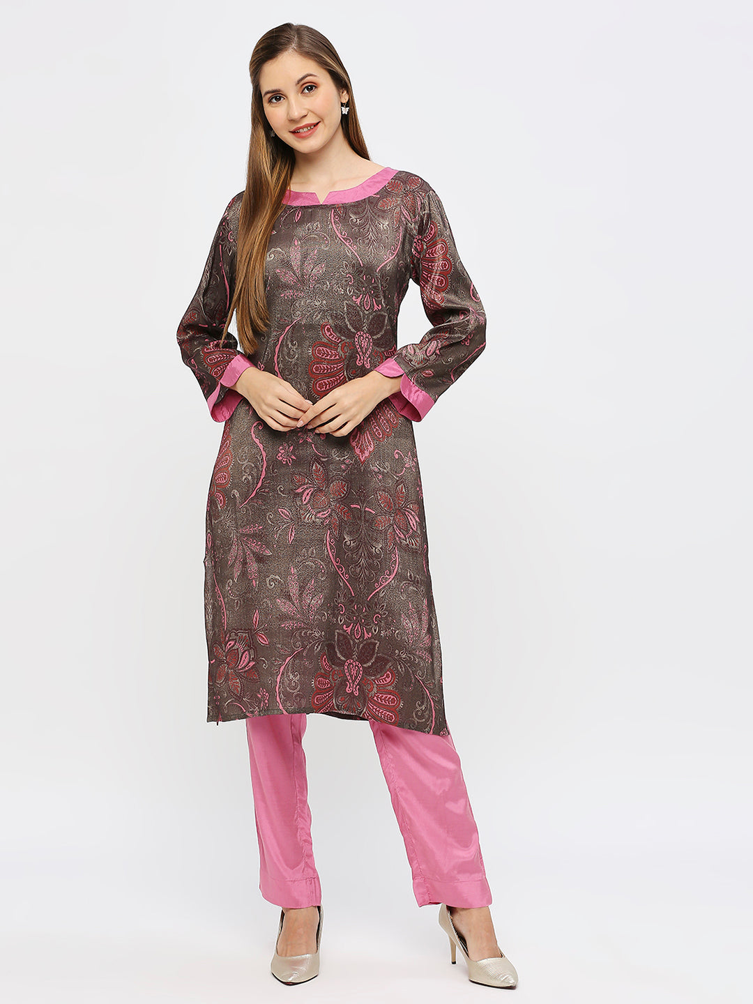 Taupe Leaves Printed Kurta