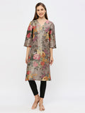 Flower Designed Taupe Printed Metallic Kurta