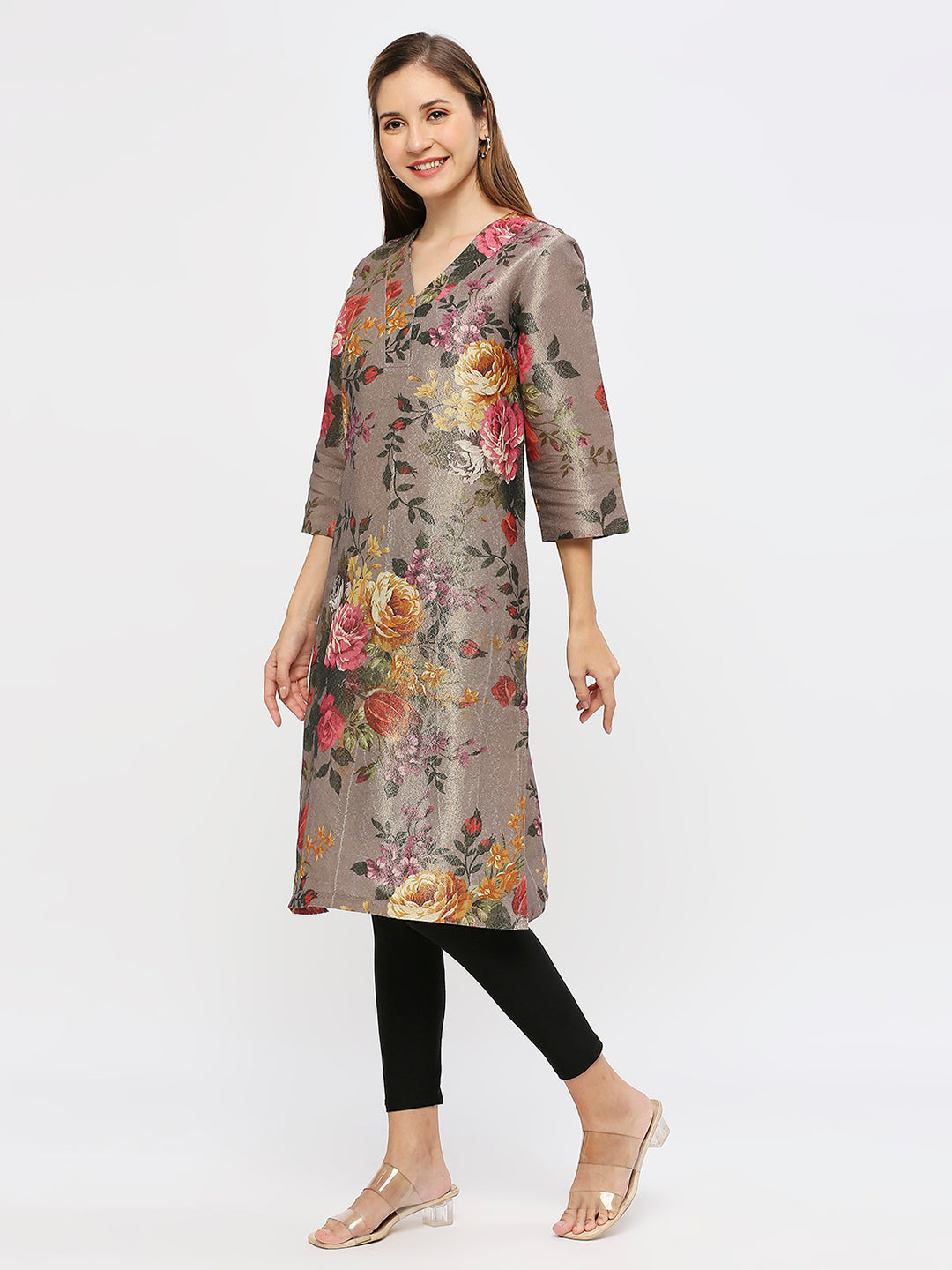 Taupe Floral Metallic Kurta