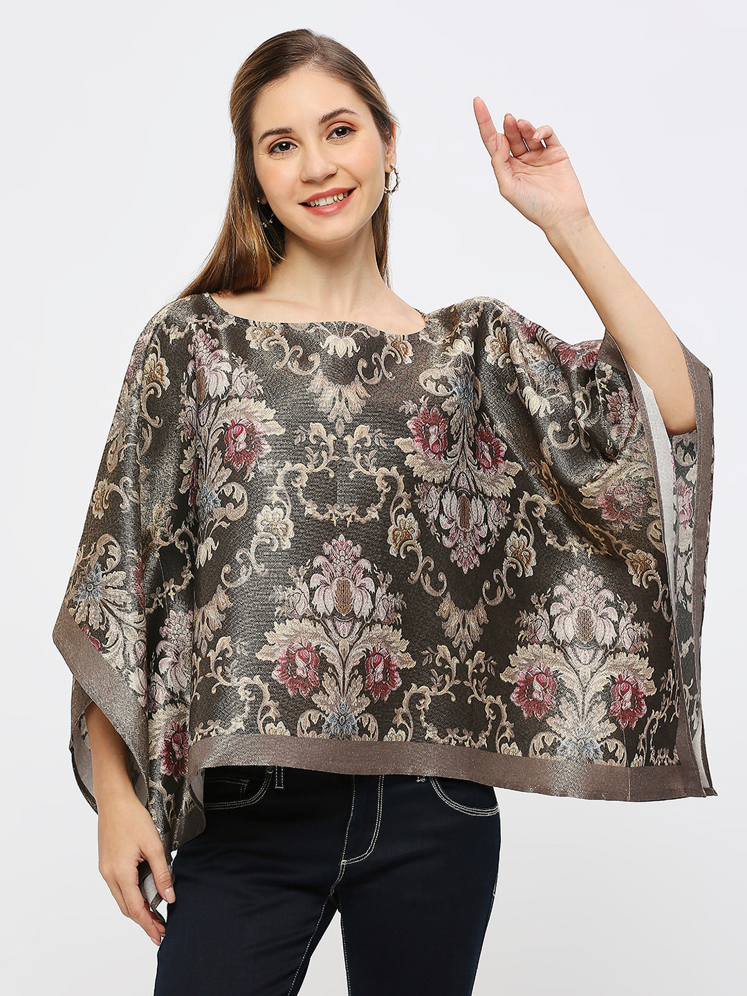 Victoria Floral Designed Black Poncho