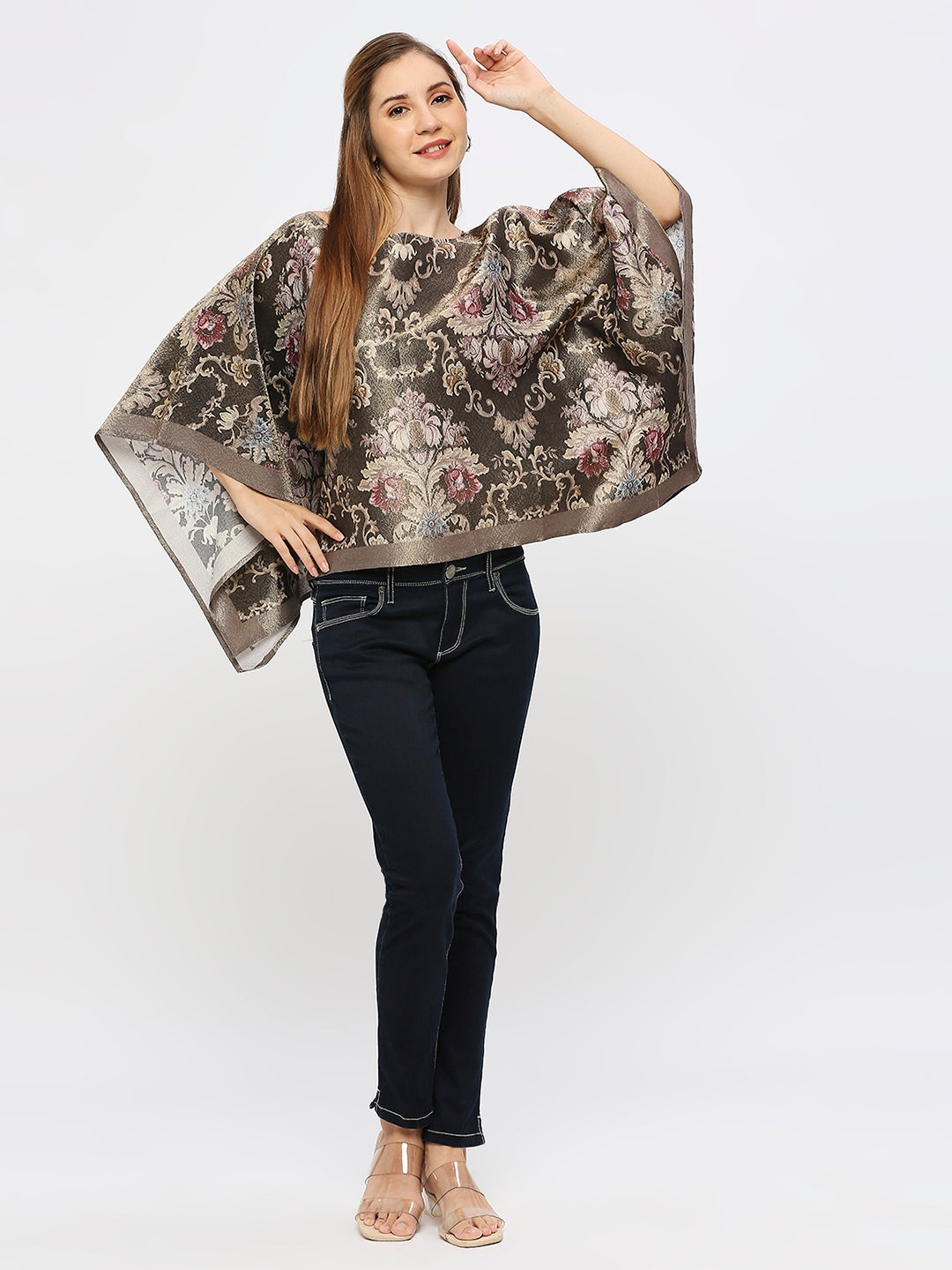 Victoria Floral Designed Black Poncho