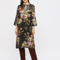 Flower Designed Black Printed Kurta